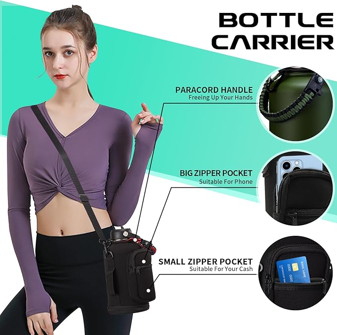 64oz Insulated Water Bottle with Straw & Auto Spout Lid - (Cold 48H & Hot 24H) Half Gallon Stainless Steel Water Jug with Paracord Handle, Metal Tactical Military Water Flask with Carrier Strap Bag