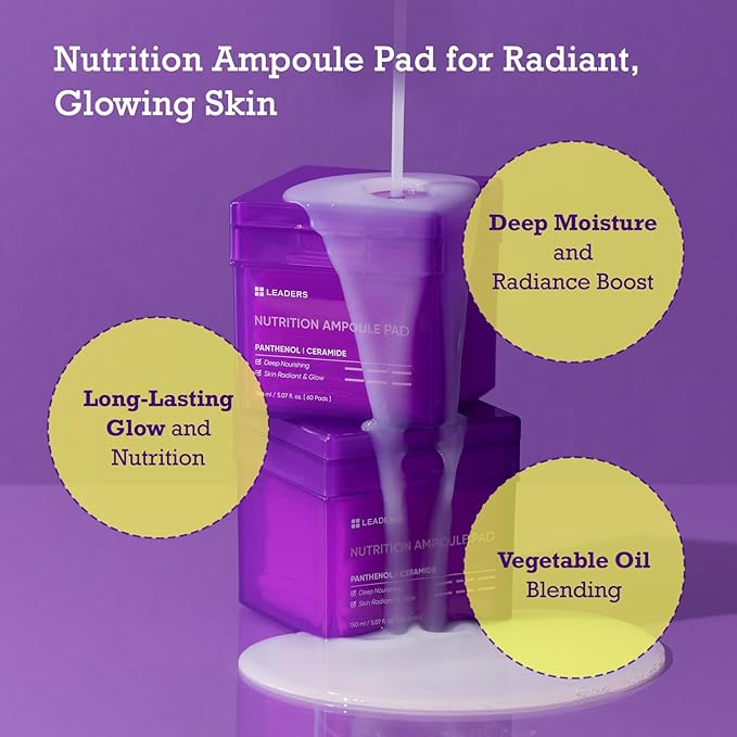 LEADERS Nutrition Ampoule Toner Pad - Deep Nourishing Hydrating for Glowing Skin | Vegan-Certified | Korean Skincare 60 Pads x 150ml