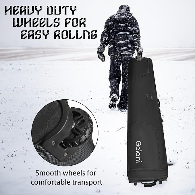 Goloni Ski Bag with Wheels,Padded Snowboard Bag for Air Travel,600D Waterproof Fabric,Foldable Snow Bag Fits 2 Pairs Skis