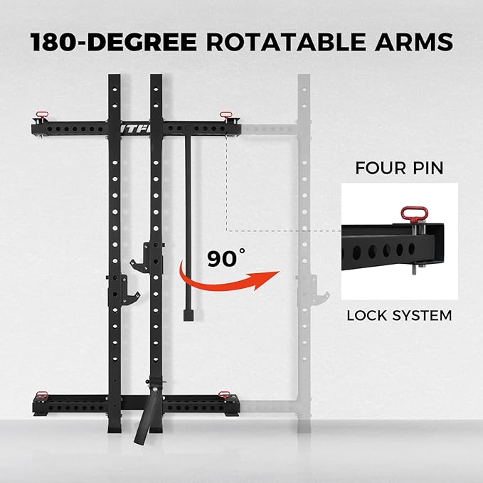 RitFit Multi-Functional Folding Squat Rack for Home Gym, 2.36'' x 2.36'' Wall Mounted Squat Rack with Attachments - Space Saving Squat Power Rack