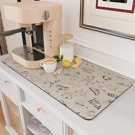 AMOAMI Coffee Mat Hide Stain Rubber Backed Absorbent Dish Drying Mat for Kitchen Counter - Fits Under Coffee Maker & Espresso Machine (17X31.5, MILK TEA)