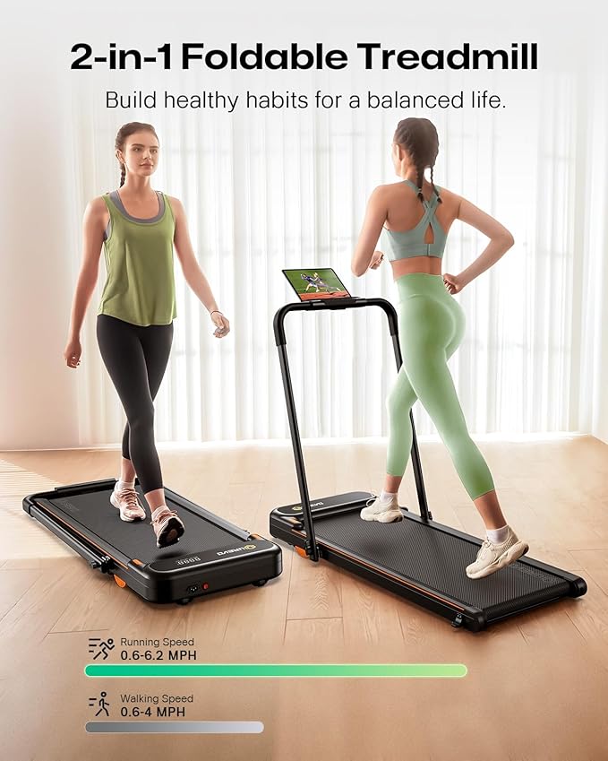 UREVO Strol 2E Smart 2-in-1 Folding Treadmill, Compact Walking Pad with Safety Handle, Plug and Play, Dual LED Display, Workout APP, Walking or Running for Home Office, Remote Included