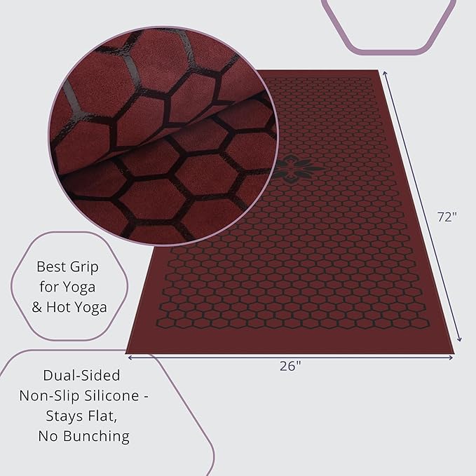 Clever Yoga Non-Slip Hot Yoga Towel – Non-Slip Grip for Hot Yoga, Sweat Absorbent, Honeycomb Silicone Grip, Stays Flat – Ideal for Pilates, Travel, Washable & Lightweight - Burgundy