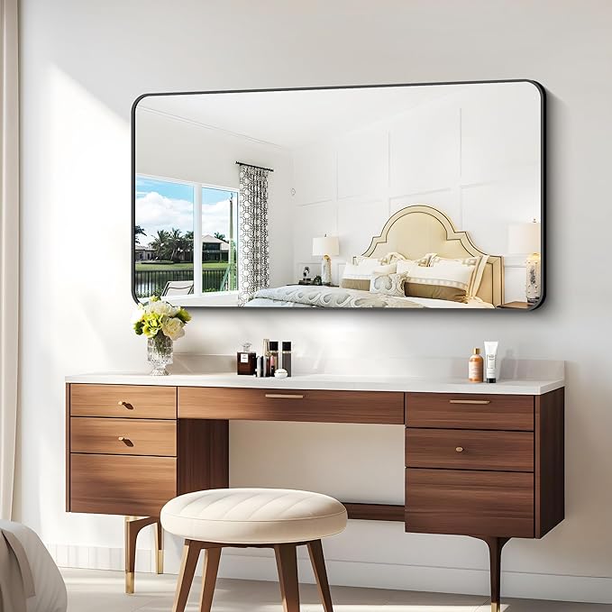 30x60 inch Bathroom Mirror,Black Rectangle Mirror,Wall Mounted Bathroom Frame Vanity Mirror with Round Corner for Bedroom Living Room, Entryway Hangs Horizontal or Vertical