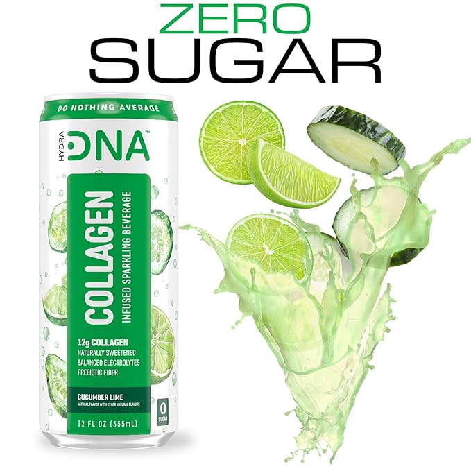HYDRADNA- Sparkling Liquid Collagen Protein Water Drink Balanced Nutrients for Wellness - Sugar-Free - Keto-Friendly - No Gluten (12 Pack) Cucumber Lime