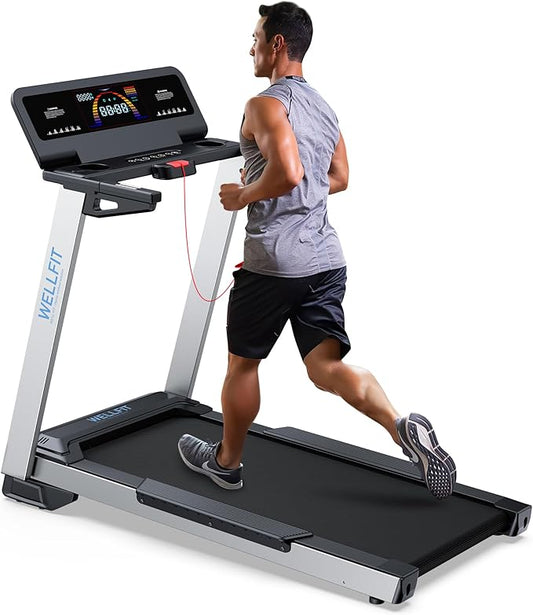 WELLFIT Treadmill for Home, 2 Level Incline Heavyduty Treadmill with Pulse Sensor, 4.0 HP, 1.0-10.0 MPH, 450/360 lbs Capacity, Large Running Area Treadmills with Bluetooth Player & LED Display