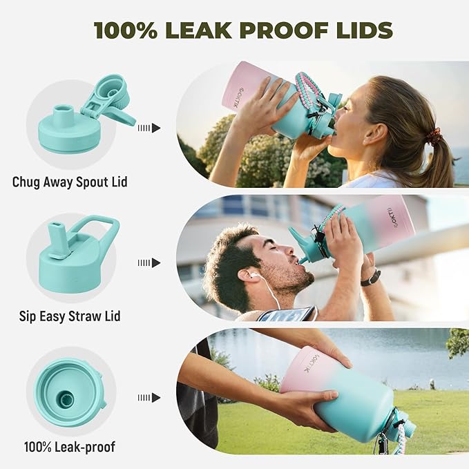 Half Gallon Insulated Water Bottle, 64 oz Triple Wall Stainless Steel Flask, Keeps Drinks Cold for 48 Hrs Leak-Proof & BPA-Free Half Gallon Jug with Paracord Handle, Straw & Spout Lids(Bubble Gum)