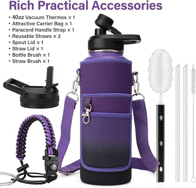 Insulated Water Bottle | Thickened Stainless Steel Vacuum Metal | Portable Sports Water Jug for Gym and Hiking with Straw, Carrier Bag, Handle Strap | BPA-Free 40 oz