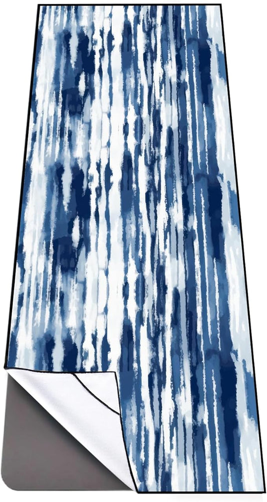 QiyI Yoga Mat Towel with Corner Pockets, Non Slip Sweat Absorbent Hot Yoga Towels, Soft Yoga Blankets with Travel Bag, Skidless Mat Cover for Workout, Gym, Fitness - 70"x26", Blue White Tie Dye