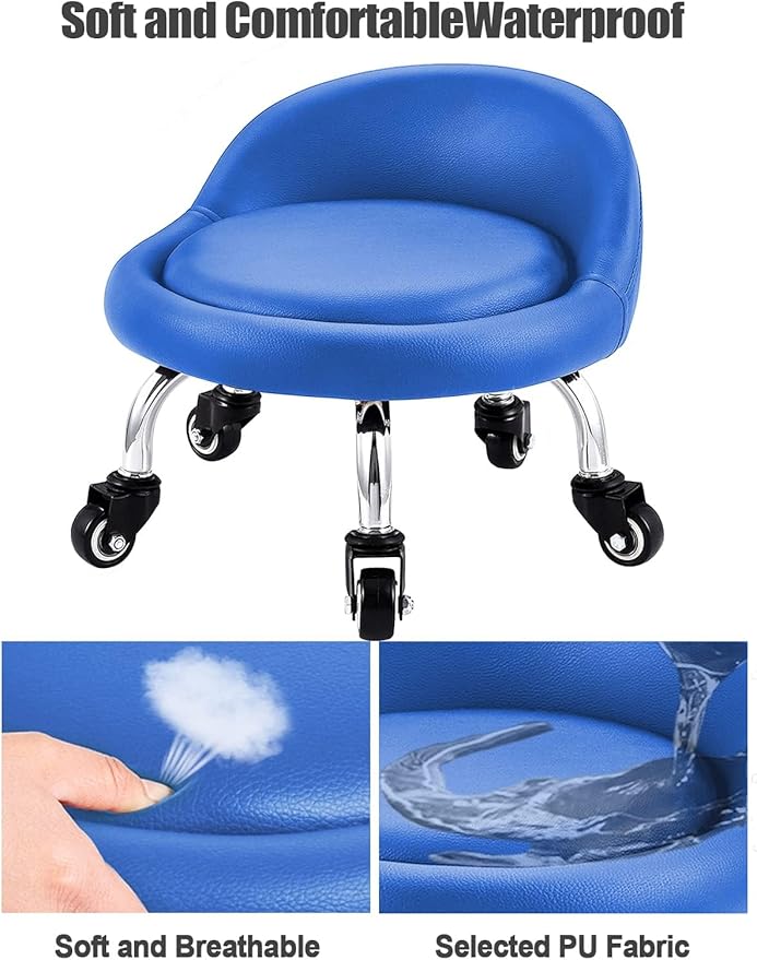 Lanstics Low Roller Seat Stool with Universal Swivel Wheels Leather Rolling Stool Seats with Cushion Backrest 360 Rolling Stools for Home Office Fitness (Blue)