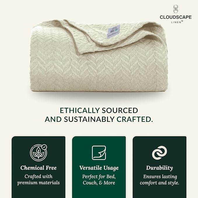 Cloud Scape Linen 100% Cotton Blanket King Size for Bed – Lightweight Summer Blanket, Herringbone Weave,fits California King Size Bed, 92x108,Beige Fog