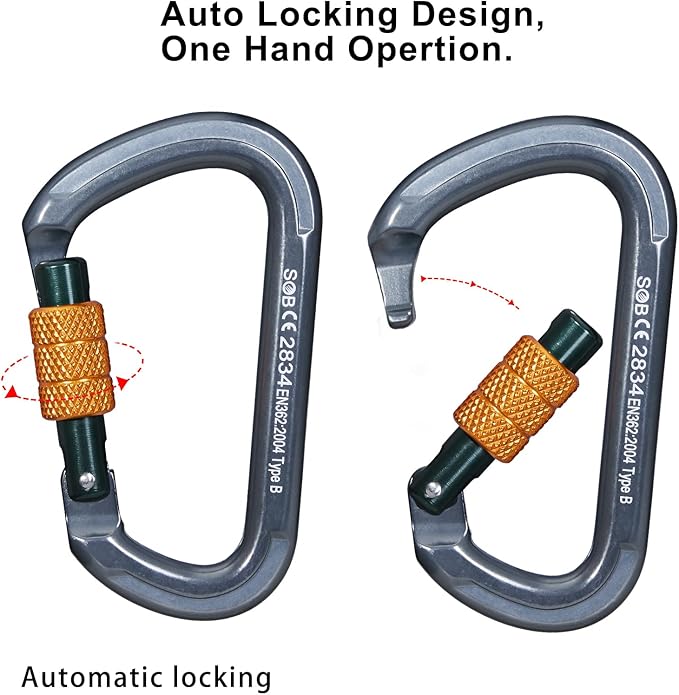 Auto Locking Rock Climbing Carabiner Clips, Heavy Duty Asymmetrical Carabiner Connector Used for Rappelling Rescue Outdoor Climbing, Mountaineer, Hammock, Camping