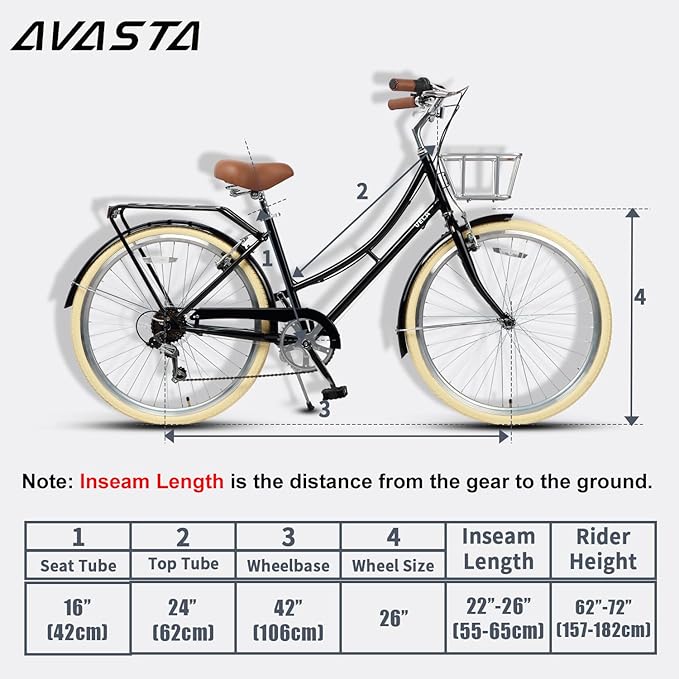 AVASTA Astrid Vela Hybrid Bike for Adult Women Female Lightweight Step Through 26 Inch High Tensile Steel Frame City Commuter Comfort Lady Bicycle, 6-Speed, Multiple Colors