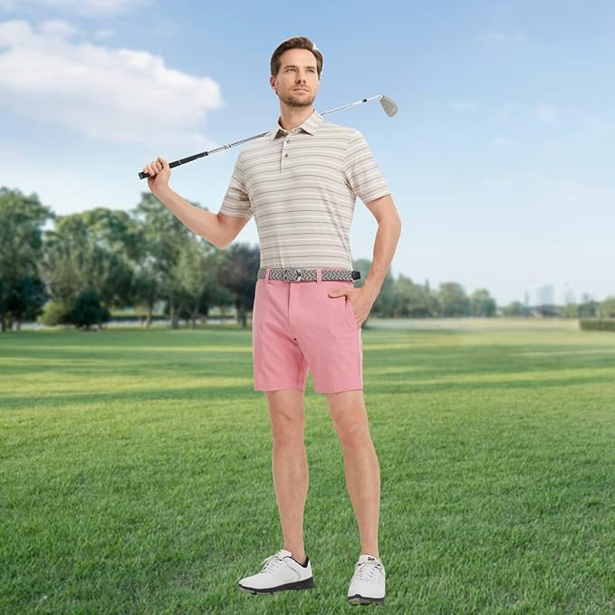 Rouen Mens Golf Shirt Moisture Wicking Dry Fit Performance Stripe Casual Collared Short Sleeve Golf Polo Shirts for Men