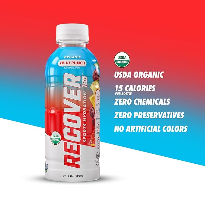 RECOVER 180 Organic Sports Hydration Drink, No Sugar Added, 15 Calorie Sports Beverage, Organic Flavors With Vitamins, Potassium-Packed Electrolytes (16.9 Fl Oz (Pack of 12), Variety Pack)