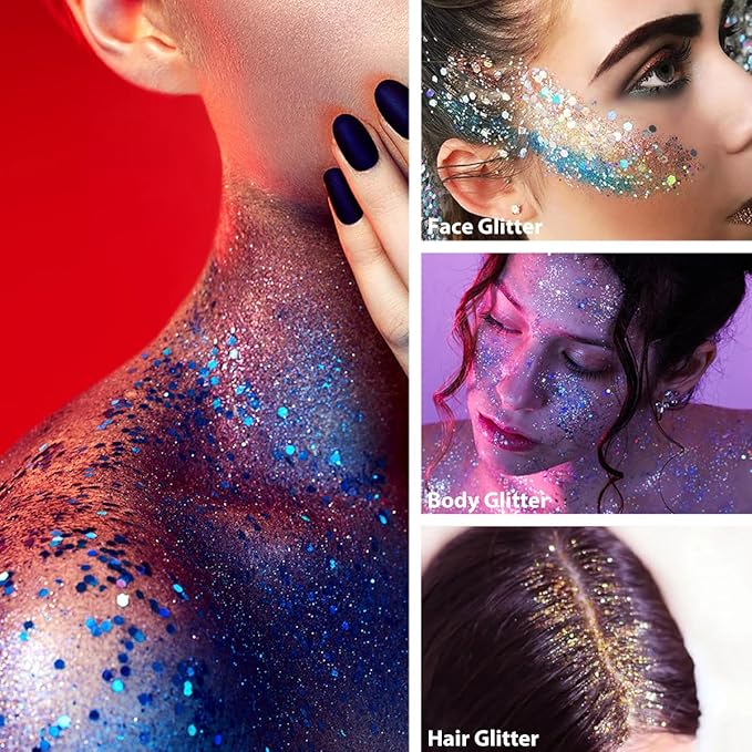 Mysense Rainbow Body Glitter Stick,Face Hair Glitter Christmas Makeup,Sparkling Mermaid Sequins Chunky Glitter Face Paint,Singer Concert Outfit Festival Rave Accessories for Women and Kids