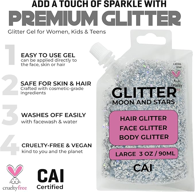 Hair Glitter Gel – Body Glitter for Kids and Women – Iridescent Holograph Cosmetic-Grade Gel w/Moon & Stars for Hair, Body & Face, Applies Smoothly w/o Glue & Washes Off Easily, 3 Oz - Gold 2Pack