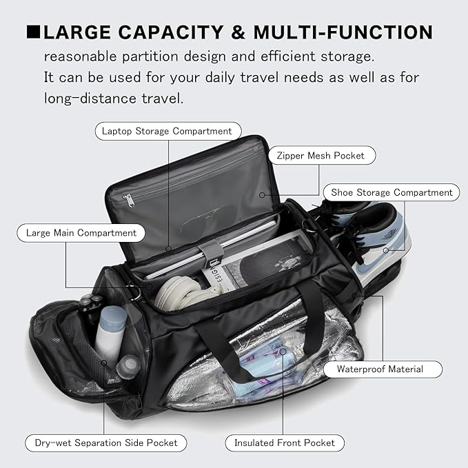 40L Travel Duffle Bag, 4-in-1 Large Gym Bag with Shoe & Wet Clothes and Laptop Compartments, Black