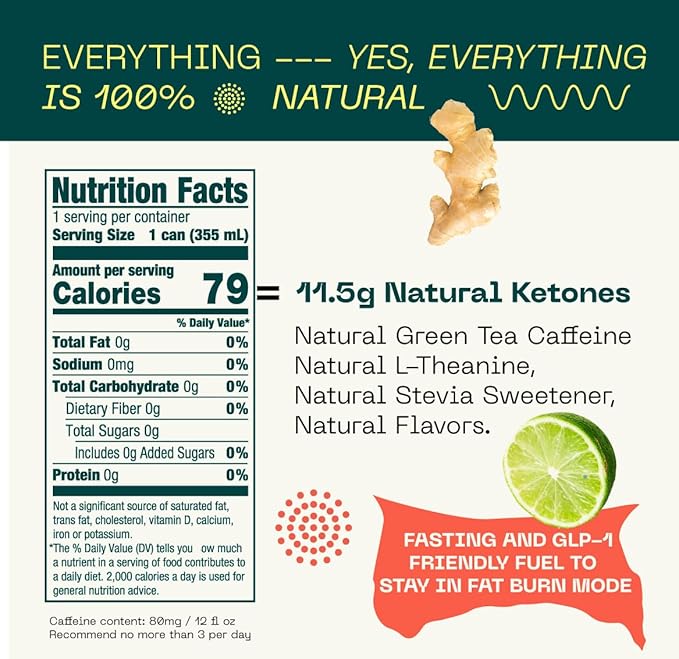 KEY Ketone Energy Drink : Sugar Free, 80mg Low Caffeine, All Natural, 11.5g Ketones, Long Lasting Energy, Green Tea & L-Theanine for Mental Focus, Ginger Lime (Pack of 12)