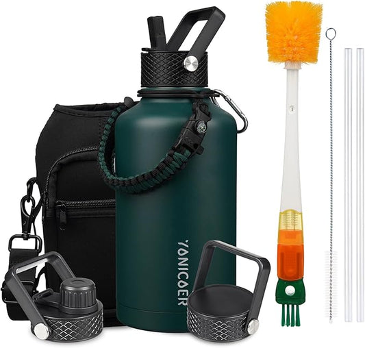 Insulated Water Bottle 64oz,Triple Wall Vacuum Stainless Steel(Dishwasher Safe),Leak Proof & Non-BPA,Flask Jug with Paracord Handle & Straw Spout Lids Sports