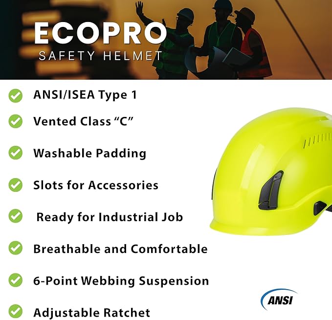 Land Helmets EcoPro Safety Helmet - ANSI/ISEA Z89.1-201 Type 1 Class C Vented - OSHA Approved - Lightweight Helmet with 6 Pt Suspension for Arborist, Industrial & Fall Protection