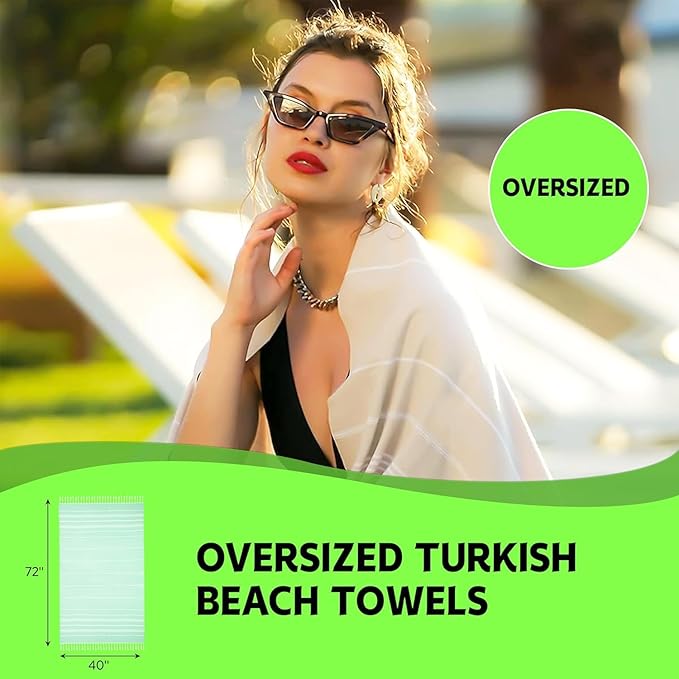 HAVLULAND Turkish Beach Towels, 100% Cotton, Quick-Dry & Sand-Free, Lightweight, Absorbent Bath Towel, Oversized 72"x40" Travel Blanket, Pool & Vacation Stuff Turkish Towels for Adults (Green, 6 Pack)