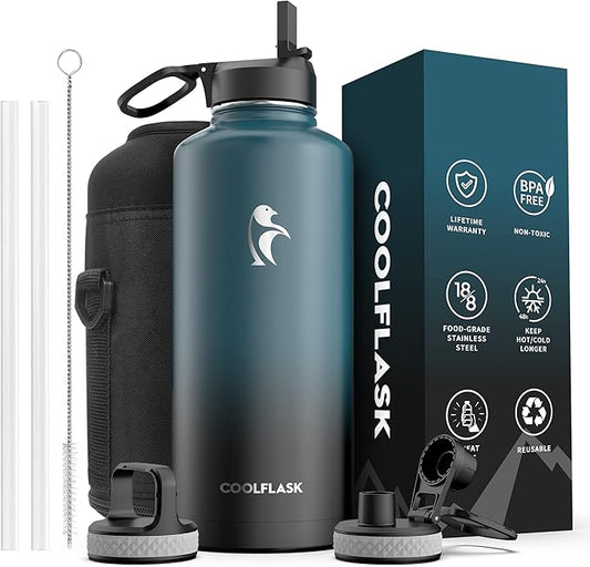 Coolflask Water Bottle 87 oz with Straw, 2/3 Gallon Insulated Stainless Steel Large 3 Lids Big Water Jug for Sports or Office, Non-BPA Keep Cold Up to 48 Hrs or Hot Up to 24 Hrs, Samurai Cyan