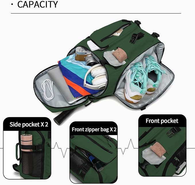 Kalesi Gym Duffle Tennis Bag Backpack 4-Way Waterproof with Shoes Compartment for travel Sport Hiking laptop (Forest green)