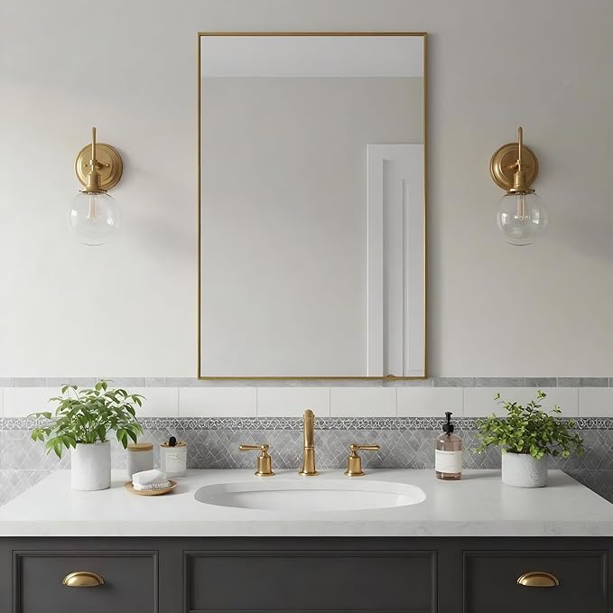 20x36 Inch Brass Bathroom Mirror for Wall, Aluminum Frame Rectangle Rectangular Vanity Mirror, Modern Large for Bedroom, Living Room, Horizontal or Vertical
