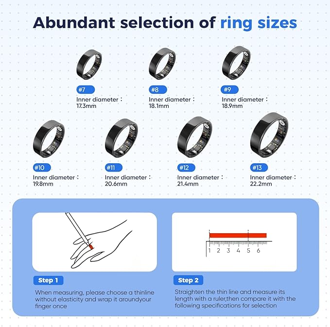 Smart Health Ring for Women & Men Fitness Tracker with Heart Rate, Blood Pressure,Blood Oxygen,Step Counting, Sleep Monitoring,IP68 Waterproof for iPhone and Android, No Subscription Fee (Silver, 7)