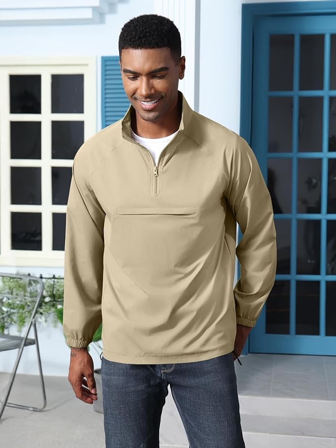 Aulemen Men's Casual Quarter Zip Pullover-Athletic Windbreaker Lightweight Jackets Hiking Golf for Men Mock Neck with Pockets