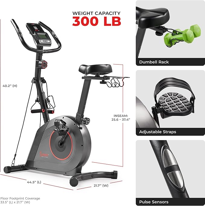 Sunny Health & Fitness Smart Stationary Exercise Upright Bike w/Pulse Sensor & 4-Way Adjustable Seat, Cycling Machine for Home Cardio Training, Free SunnyFit App Connection, Optional Resistance Band