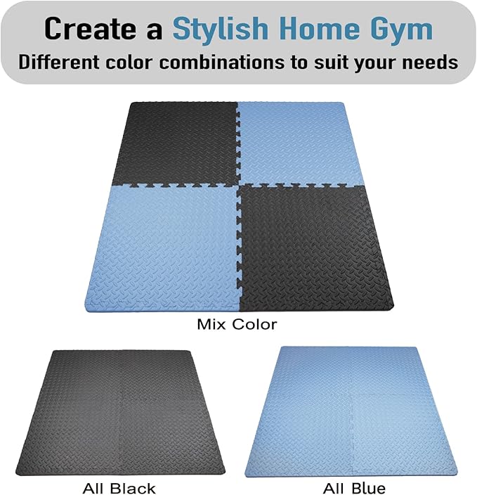 AIRHOP Upgraded 0.79" Extra Thick 48 Sq Ft High-Density Eva Foam Exercise Gym Mats, 12 Pcs Large Interlocking Puzzle Floor Tiles (24"x24") for Home Gym, Black&Blue