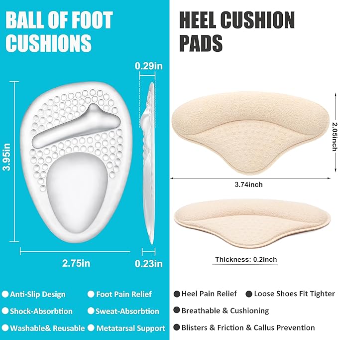 Ball of Foot Cushions and Metatarsal Pads for Women,Heel Cushion Pads, Heel Grips for Heel Pain Relief, Blisters,Friction, Non-Slip Shoe Inserts for Loose Shoes,Shoe Fillers Make Shoes Fit Tighter