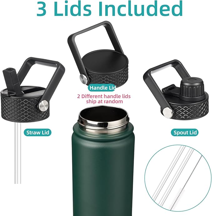 18 oz Insulated Water Bottle Stainless Steel Sport Bottles with 3 Lids,Army Green