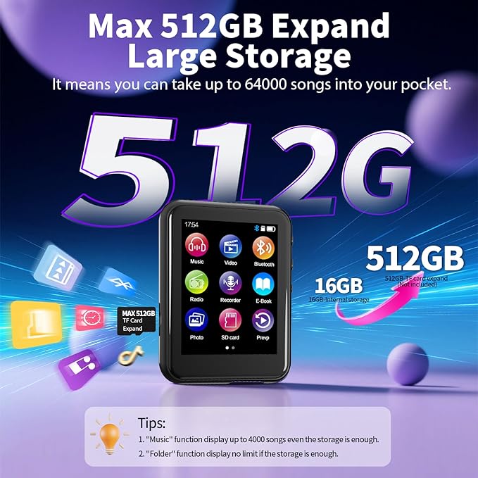 64GB MP3 Player with Bluetooth 5.3, QNGEE 2.4 inch Full Touchscreen Music MP3 for Kids, FM Radio, Voice Recorder, HiFi Sound, E-Book, Earphones Included