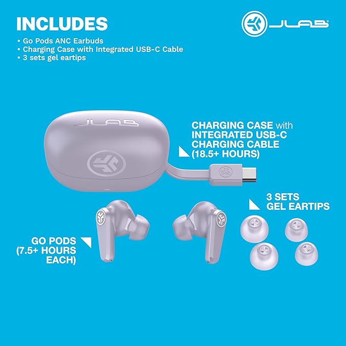 JLab Go Pods ANC True Wireless Bluetooth Earbuds & Charging Case, Hybrid Active Noise canceling + Be Aware for Safe Listening, 26+ Hours Total Playtime, Clear Calls, Custom Sound via App, Lilac