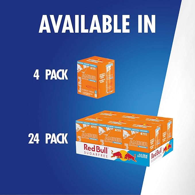 Red Bull Amber Edition Sugar Free Energy Drink, Strawberry Apricot, with 80mg Caffeine plus Taurine & B Vitamins, 8.4 Fl Oz, 6 Packs of 4 Cans (Pack of 24)