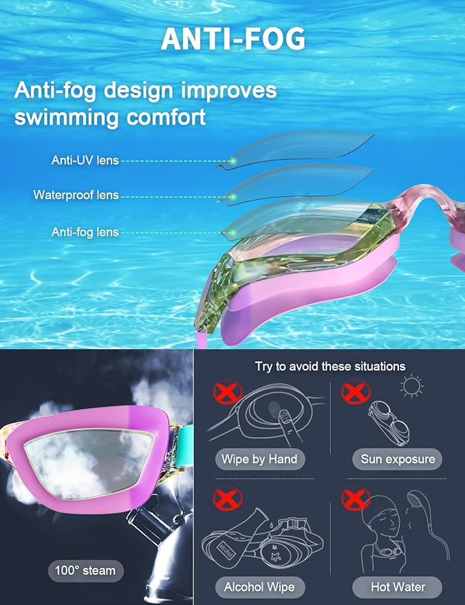 Kids Swim Goggles, Swimming Goggles for Kids with Nose Clip, Earplugs, Nose Bridge for Age 3-15