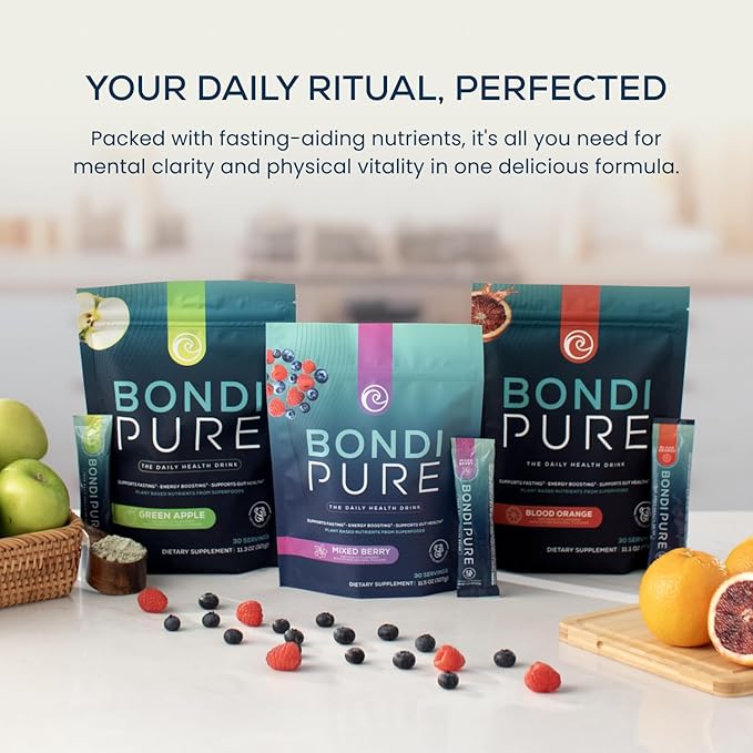 Bondi Pure - Daily Health & Detox Drink - Promote Gut Health & Energy Support During a Cleanse or Intermittent Fasting - Plant-Based Fibers, Alkalizing Super Greens - Green Apple (30 Servings)