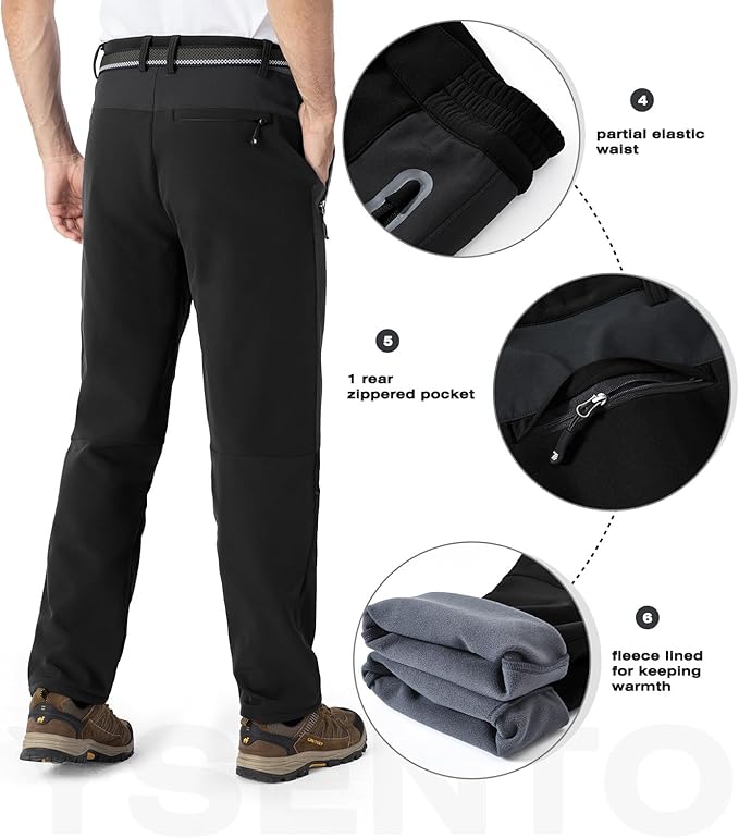 YSENTO Men's Fleece Lined Ski Snow Pants Winter Waterproof Softshell Insulated Hiking Cargo Pants