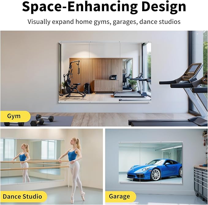 Home Gym Mirror - 48x24 Inch, 3PCS Frameless Tempered Glass Full Body Mirror for Wall Mount - Ideal for Yoga, Workout, Bedroom, Dance Studio (Silver)
