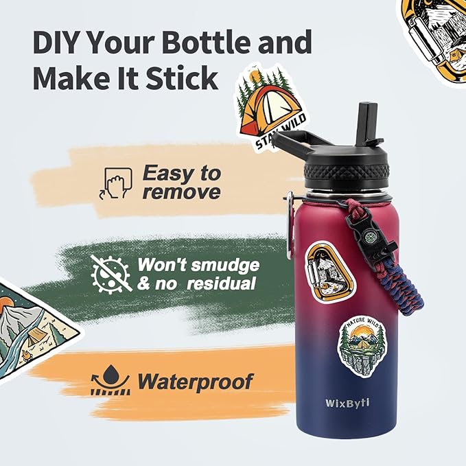 32 oz Insulated Water Bottle with Straw (Cold for 48 Hrs), Stainless Steel Triple Wall Vacuum Sports Water Jug, Leakproof Hydro Cup Flask with Paracord Handle & Straw Spout Lids & DIY Stickers
