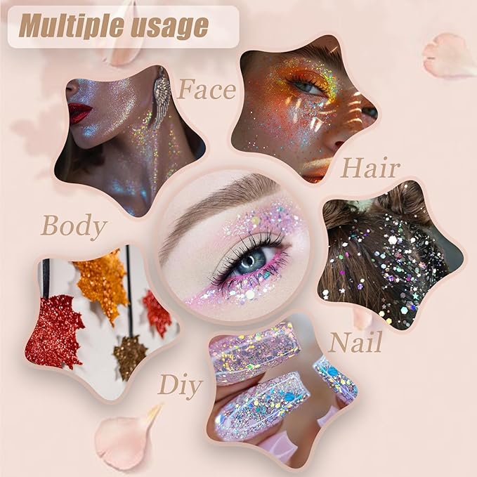 Face Body Glitter, Hair Glitter Sparkles Chunky Face Glitter Gel for Girls Makeup Singer Concerts Mermaid Festival Sequins Face Paint (3pc Gold)