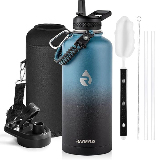 Insulated Water Bottle 87 oz, Triple Wall Vacuum Stainless Steel (Cold for 48 Hrs), Leak Proof & Non-BPA, Modern Water Flask Jug with Paracord Handle & Straw Spout Lids, Indigo/Black