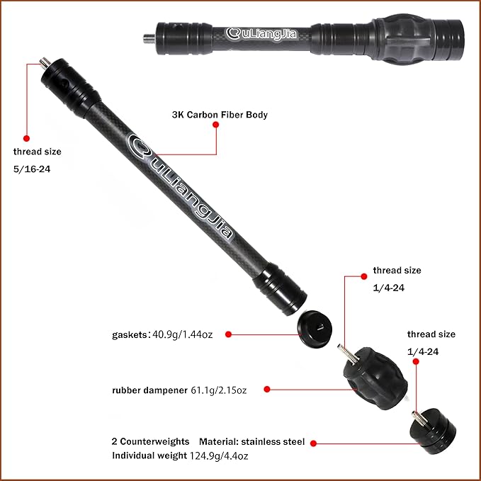 AMEYXGS Bow Stabilizer for Compound Bow, 6" 8" 10" 12" Rod Balance Bar with Damping System and Weights Shock Absorber for Compound Bow Archery Accessory