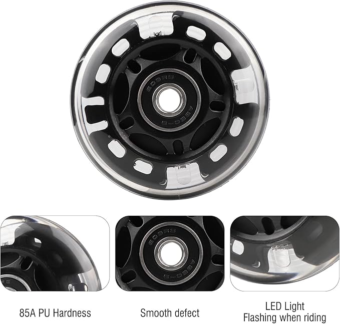 8pcs Inline Skate Wheels Led Light-Up Wheels 64/70/72/76/80mm w/Bushings 85-88A for Kids and Youth Beginners Children's Inline Skates Indoor/Outdoor Use (Black, 70mm)