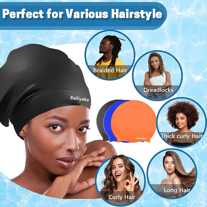 3 Pack Extra Large Swim Cap for Braids & Dreadlocks - Waterproof Silicone Swim Hat for Women with Long Thick Hair, Protective Swim Cap Cover Ears for Swimming, Shower, Bathing