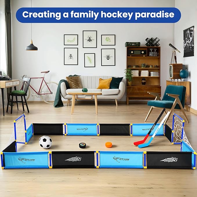 2-in-1 Knee Ice Hockey Set Rink Soccer Ball Indoor Mini Goals Set Include 2 Knee Hockey Sticks, 2 Goals, 12 Side Panels and an Inflatable Soccer Ball