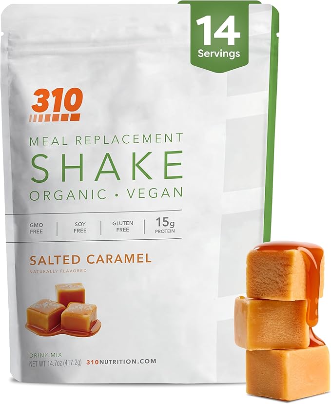 310 Nutrition Organic All-In-One Meal Replacement Shake Powder - Plant-Based Protein Smoothie Blend w/Fiber, Probiotics & Adaptogens - Low Carb, Vegan, Keto & Paleo - Caramel - 14 Servings